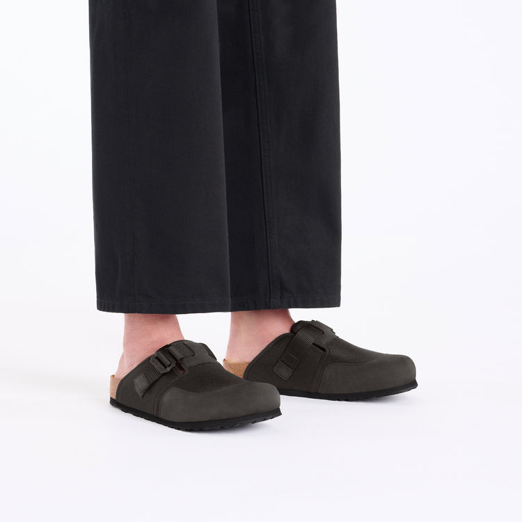 Birkenstock Boston Nova Black Textile Nubuck Leather on model 1