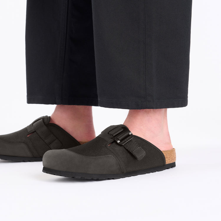 Birkenstock Boston Nova Black Textile Nubuck Leather on model 2