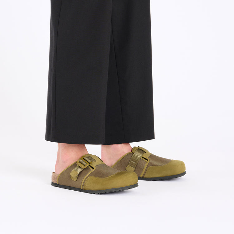 Birkenstock Boston Nova Pine Green Textile Nubuck Leather on model 1
