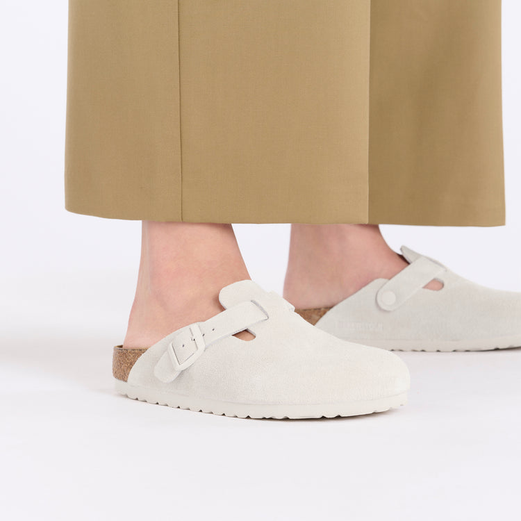 Birkenstock Boston Soft Footbed Antique White Suede Leather on model 2