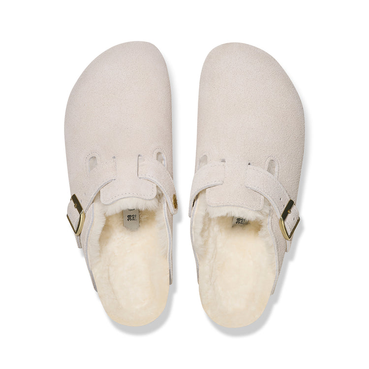 Birkenstock Boston Shearling Antique White Suede Leather/Shearling top view
