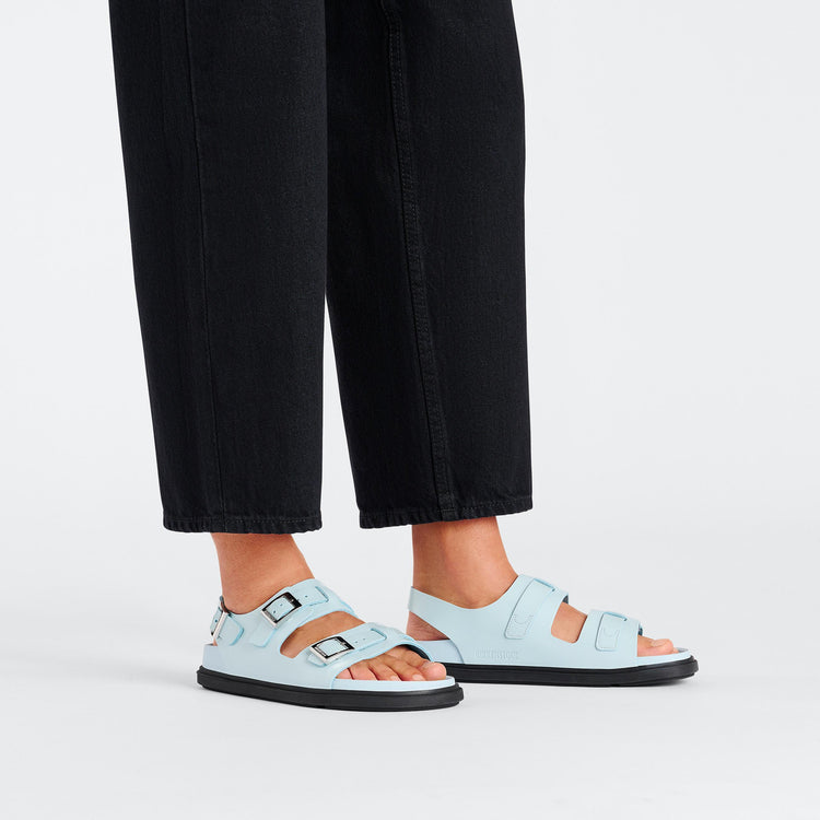 Birkenstock Cannes Mineral Blue Natural Leather on model 1