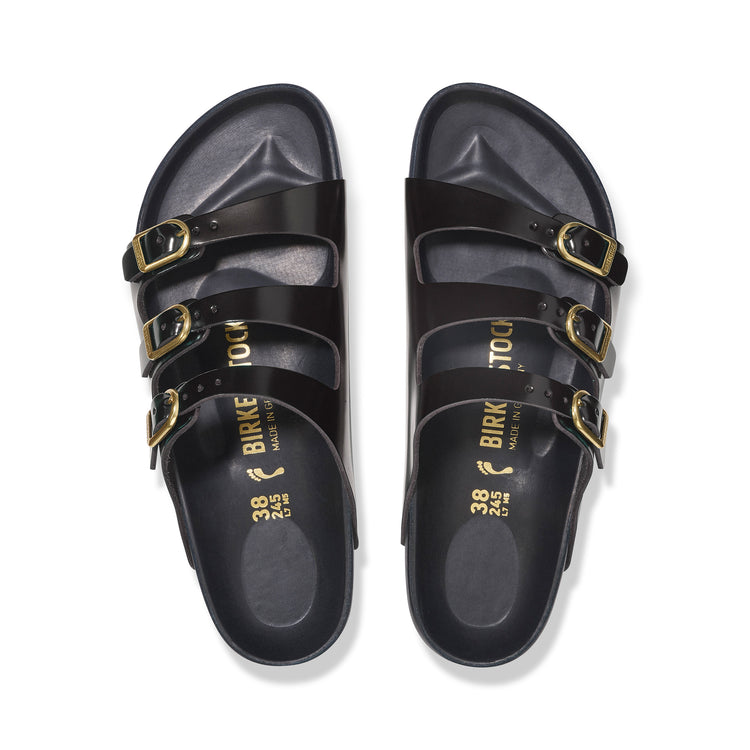 Birkenstock Florida D-Buckle Exquisite High Shine Black Natural Leather Patent top view