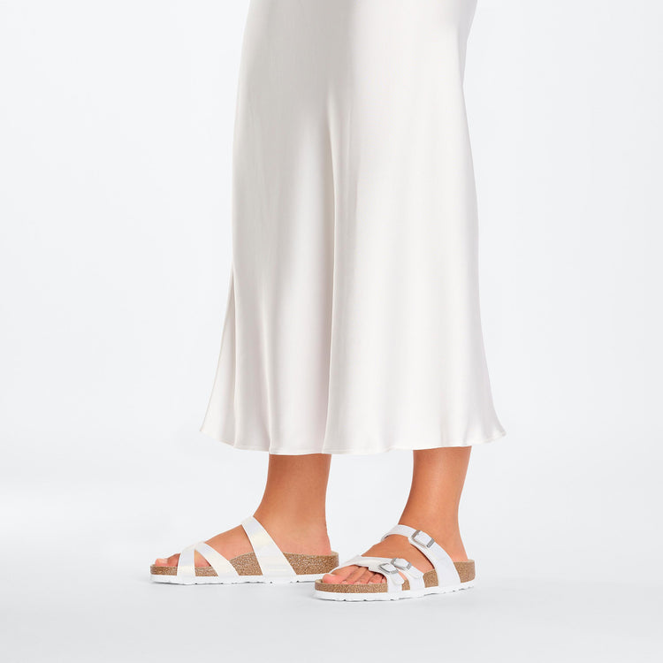 Birkenstock Franca Shiny Embossed White Embossed Birko Flor on model 1