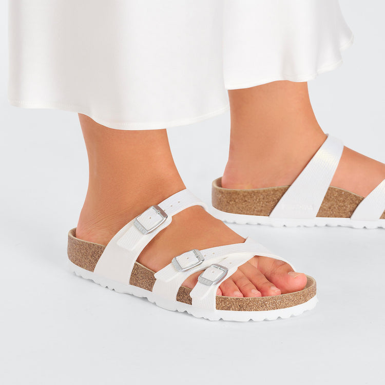 Birkenstock Franca Shiny Embossed White Embossed Birko Flor on model 2
