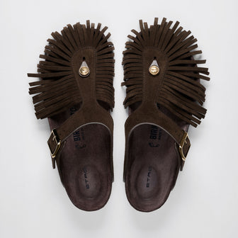 Birkenstock Australia Gizeh Etro Fringes Chocolate Suede Leather top view