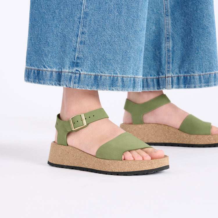 Birkenstock Glenda Green Tea Nubuck Leather on model 2