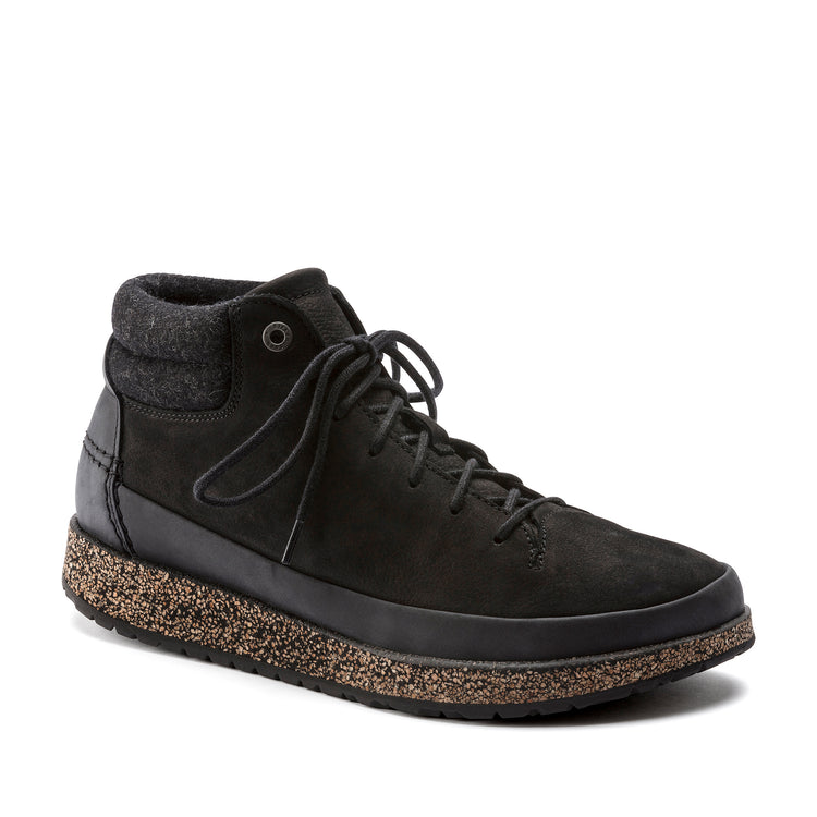 Birkenstock Honnef black high-top sneaker with cork sole on a white background