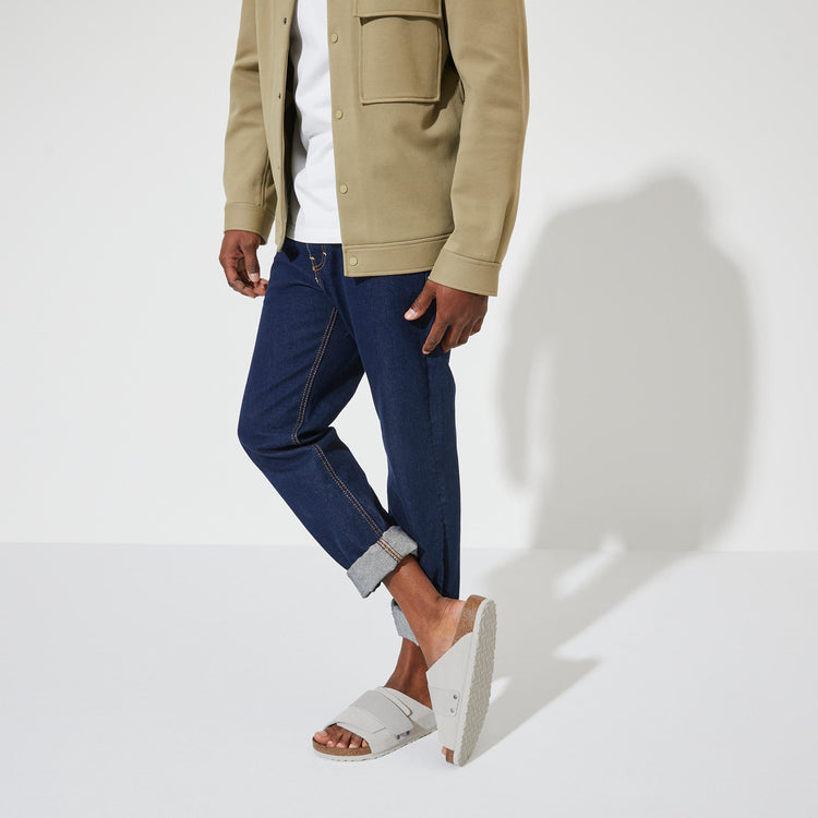 Birkenstock Kyoto Antique White Suede Nubuck Leather on model 2