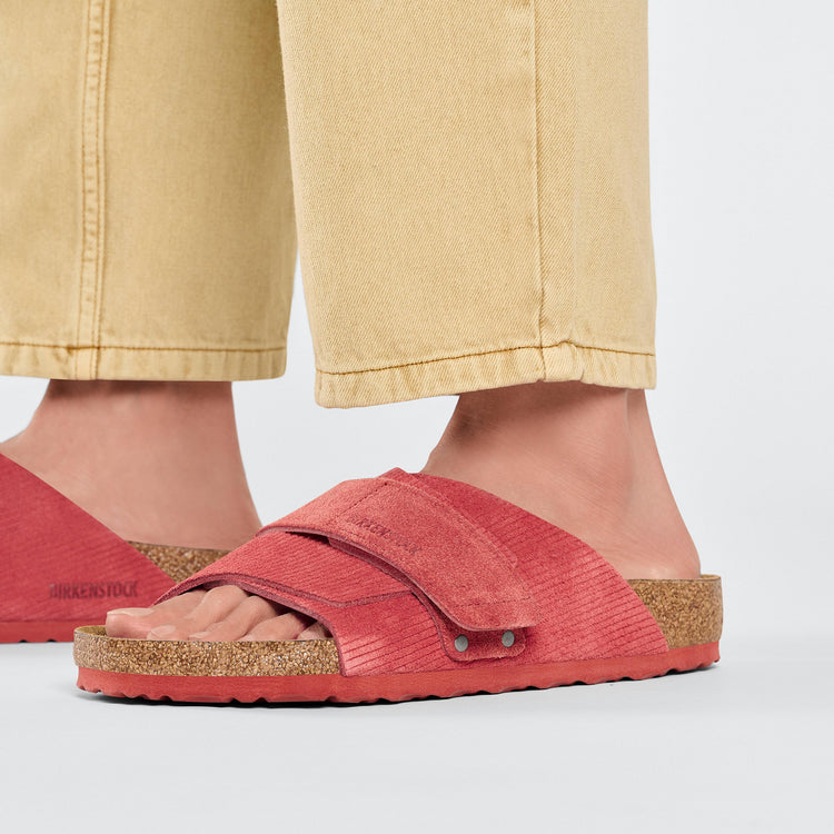 Birkenstock Kyoto Corduroy Sienna Red Embossed Suede on model 2