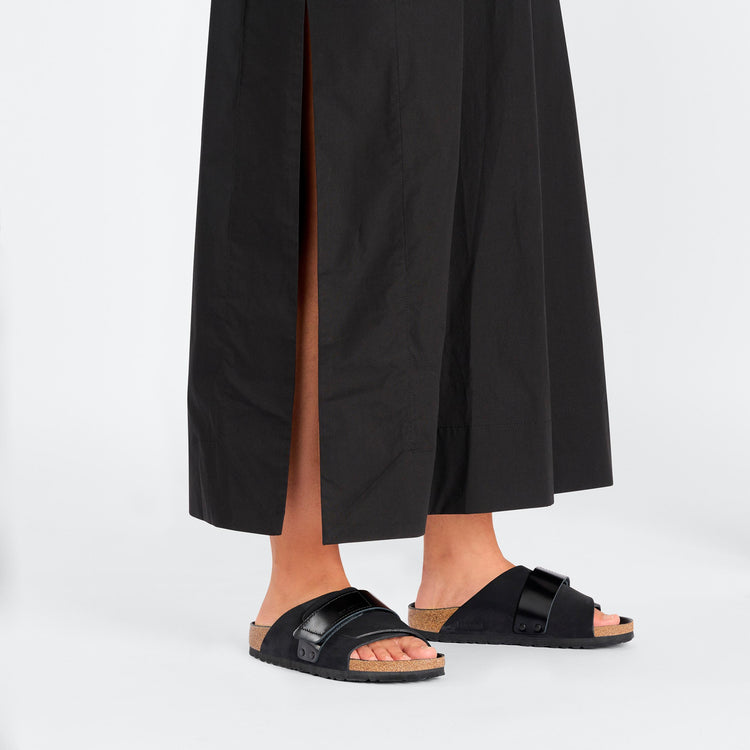 Birkenstock Kyoto High Shine Black Nubuck Leather on model 1