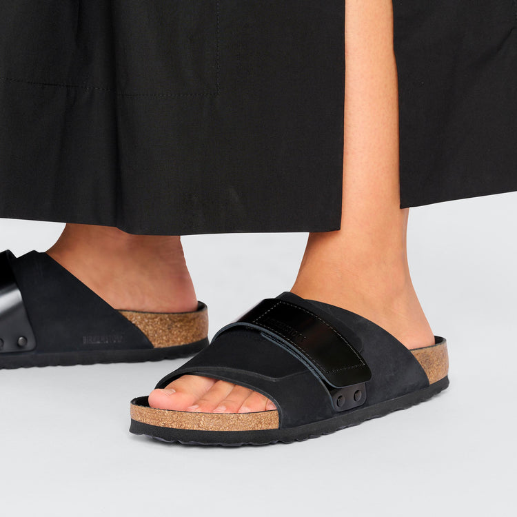 Birkenstock Kyoto High Shine Black Nubuck Leather on model 2