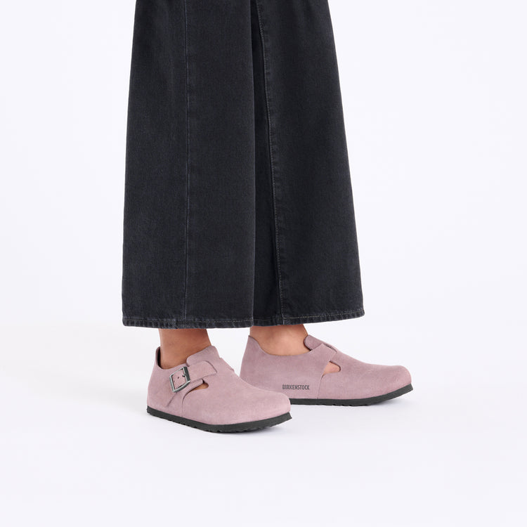Birkenstock London Faded Purple Suede Leather on model 1