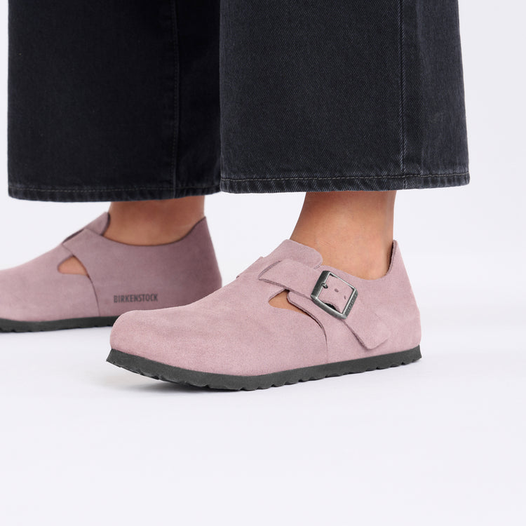 Birkenstock London Faded Purple Suede Leather on model 2