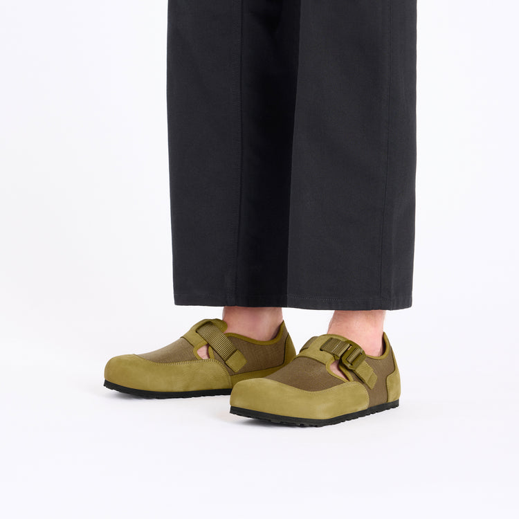 Birkenstock London Nova Pine Green Textile Nubuck Leather on model 1
