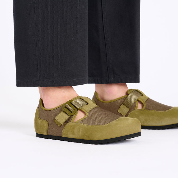 Birkenstock London Nova Pine Green Textile Nubuck Leather on model 2