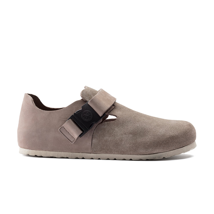Birkenstock London QR Buckle Taupe Suede Leather side view