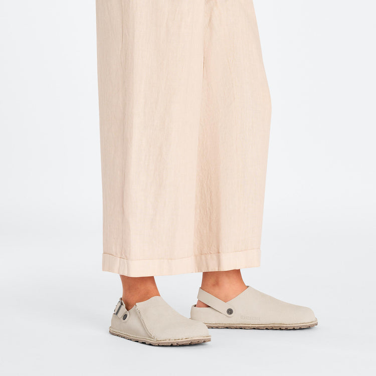 Birkenstock Lutry Eggshell Suede Leather on model 1
