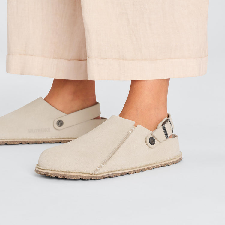 Birkenstock Lutry Eggshell Suede Leather on model 2