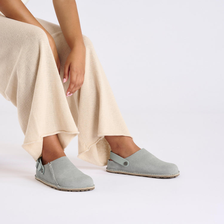 Birkenstock Lutry Pure Sage Suede Leather on model 1