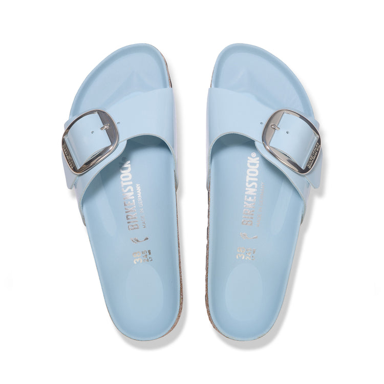 Birkenstock Madrid Big Buckle High Shine Baby Blue Natural Leather Patent top view