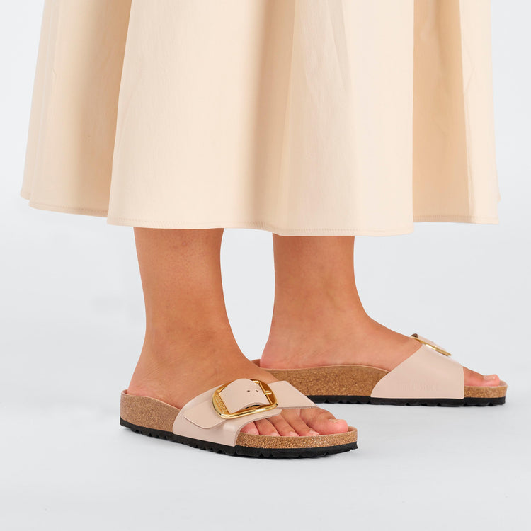 Birkenstock Madrid Big Buckle High Shine New Beige Natural Leather Patent on model 2