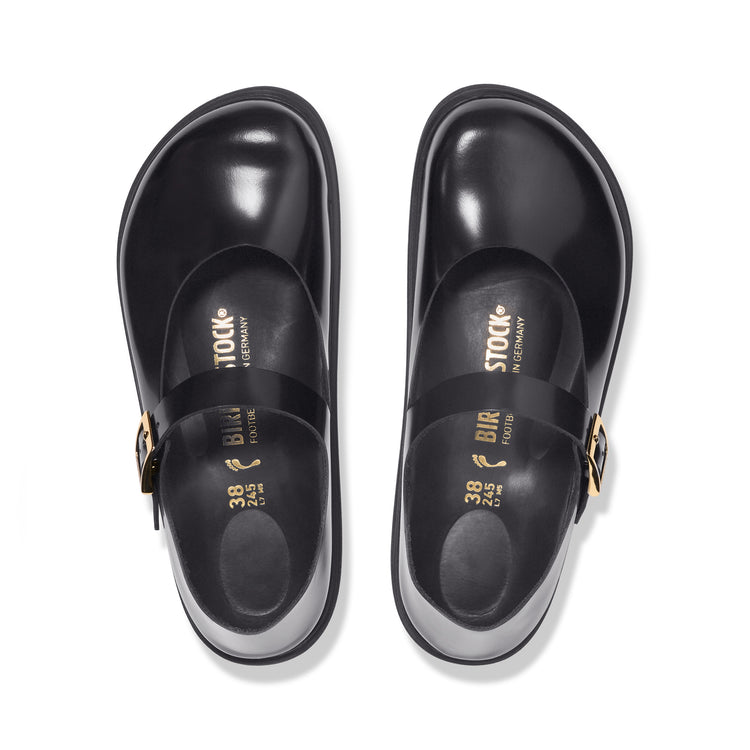 Birkenstock Mantova Droplet Buckle High Shine Black Natural Leather Patent top view
