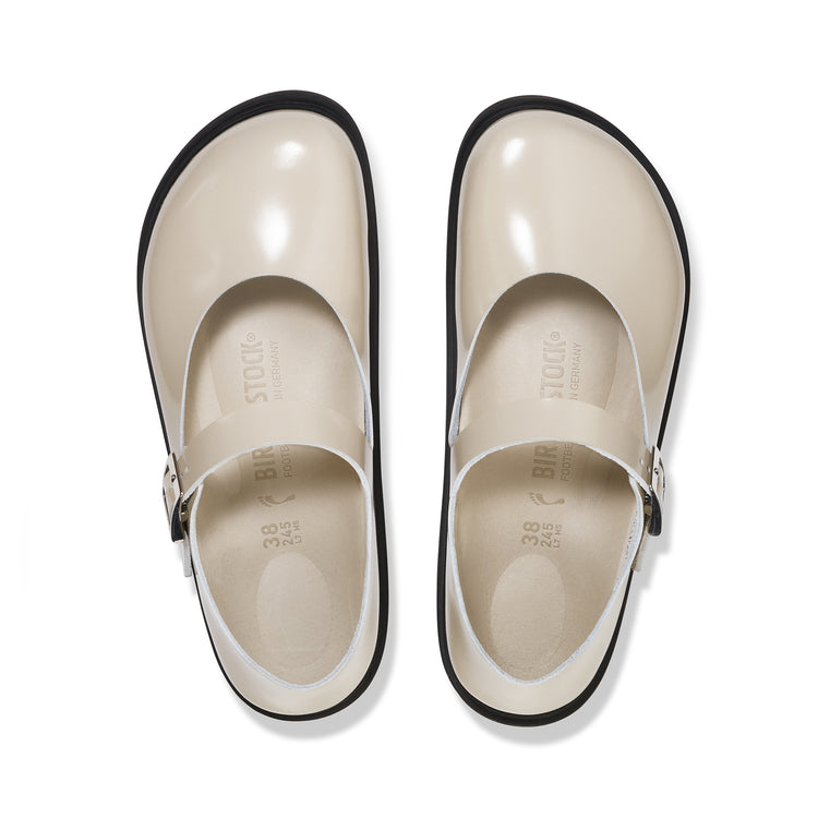 Birkenstock Mantova Droplet Buckle High Shine Oyster Natural Leather Patent top view