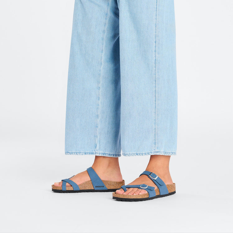 Birkenstock Mayari Vegan Elemental Blue Synthetic Soft Birki on model 1