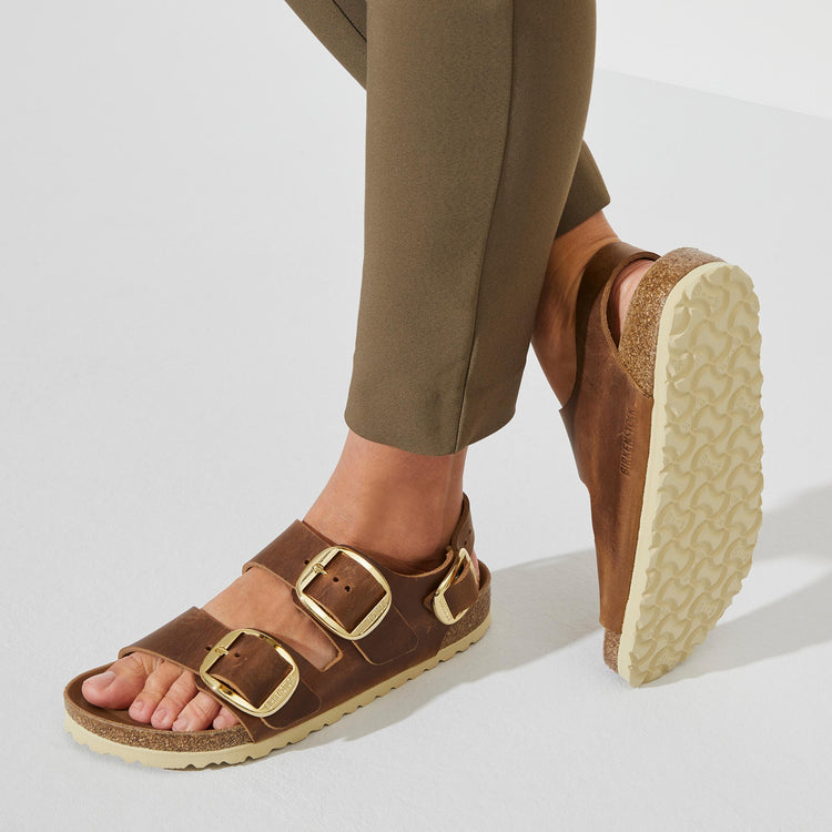 Birkenstock Milano Big Buckle Cognac Oiled Leather on model 2