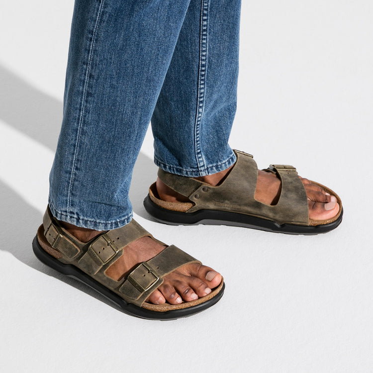 Birkenstock Milano Cross Town Arctic Faded Khaki Waxy Leather on model 2