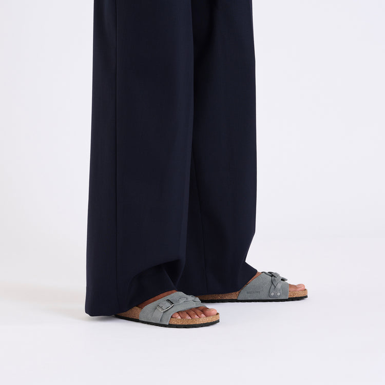 Birkenstock Oita Braided Basalt Grey Suede Leather on model 1
