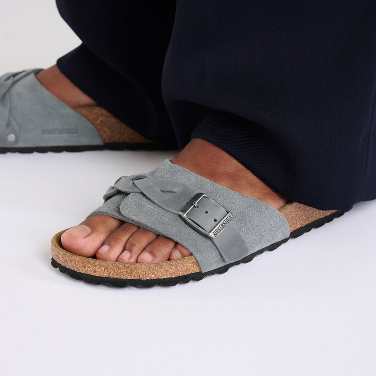 Birkenstock Oita Braided Basalt Grey Suede Leather on model 2