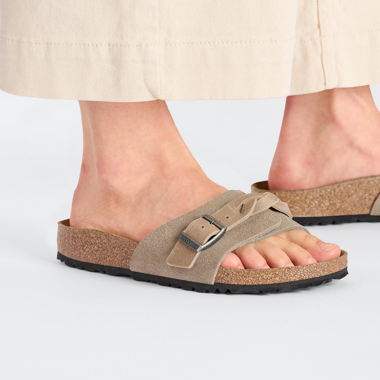 Birkenstock Oita Braided Taupe Suede Leather on model 2