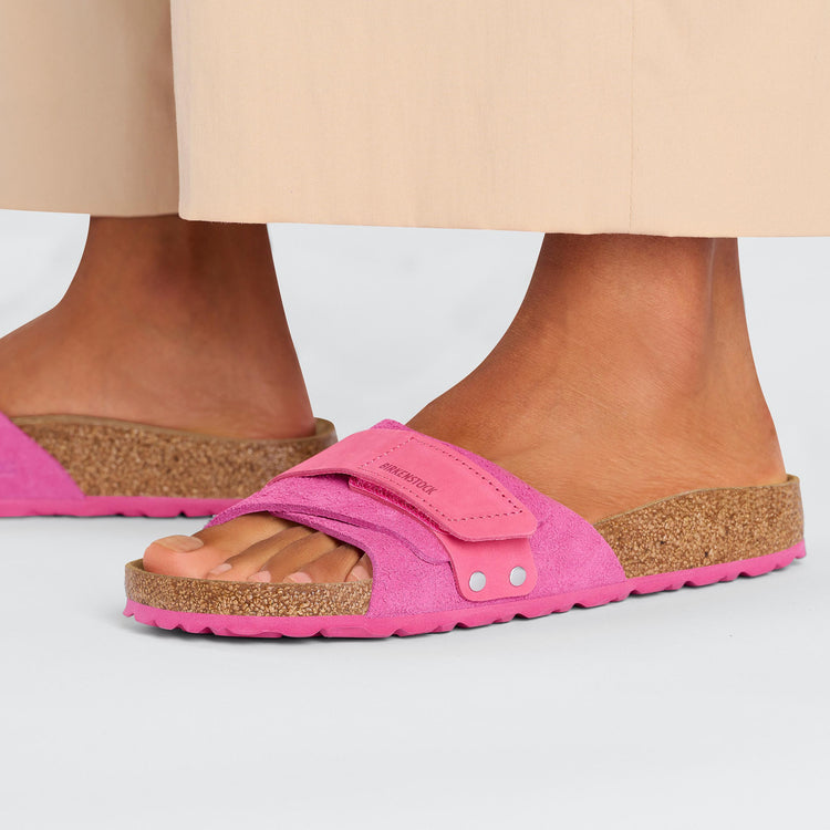 Birkenstock Oita Fuchsia Tulip Nubuck Suede Leather on model 2