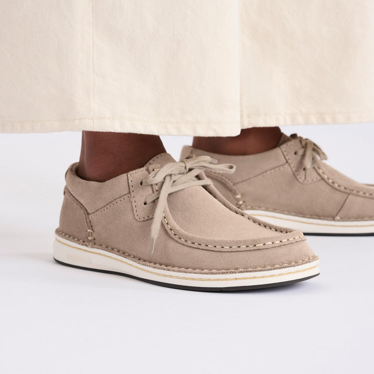 Birkenstock Pasadena Taupe Suede Leather on model 2