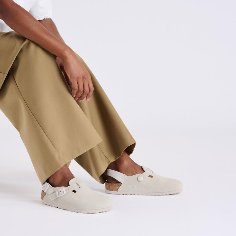 Birkenstock Tokio Antique White Suede Leather on model 1