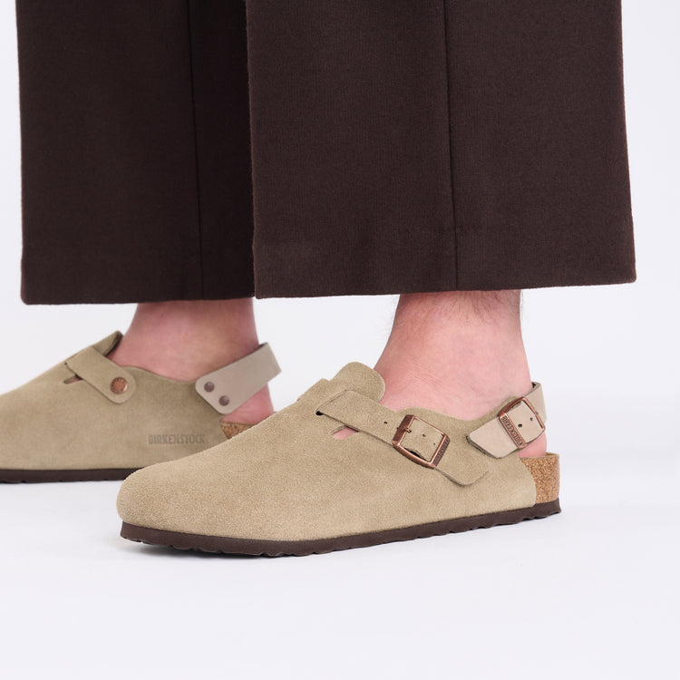 Birkenstock Australia Tokio Taupe Suede Leather on model close up