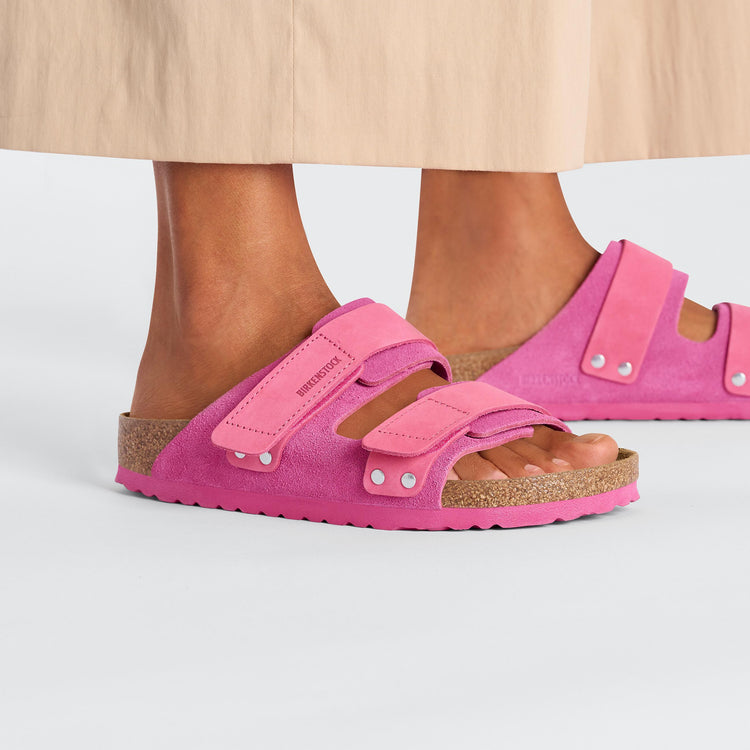 Birkenstock Uji Fuchsia Tulip Nubuck Suede Leather on model 2