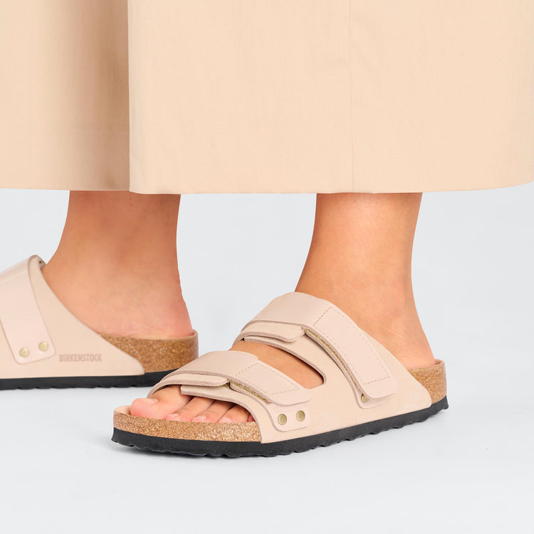 Birkenstock Uji High Shine New Beige Nubuck Leather on model 2