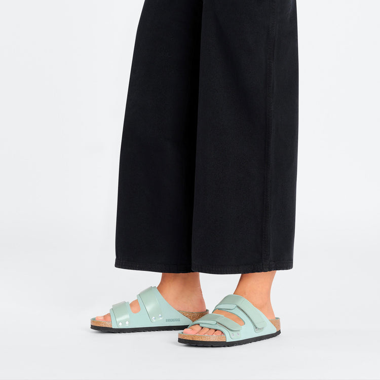 Birkenstock Uji High Shine Surf Green Nubuck Leather on model 1