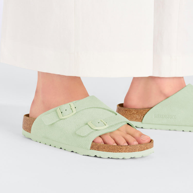 Birkenstock Zurich Faded Lime Suede Leather on model 2