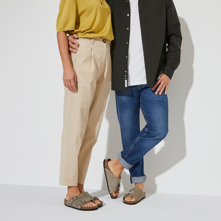 Birkenstock Zurich Soft Footbed Taupe Suede Leather on model view