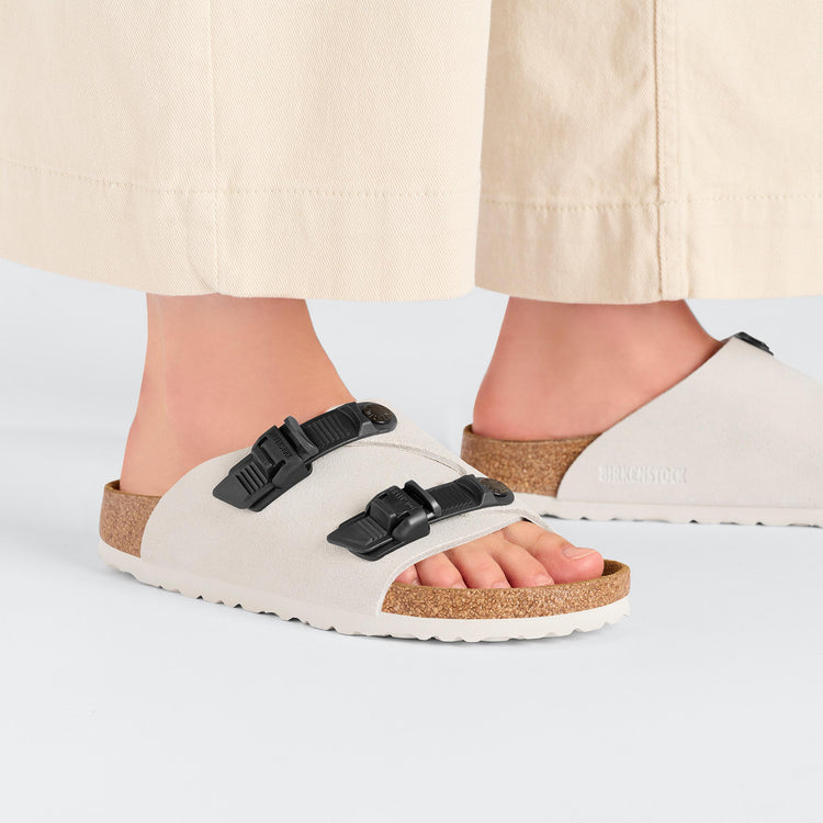 Birkenstock Zurich Tech Antique White Suede Leather on model 2