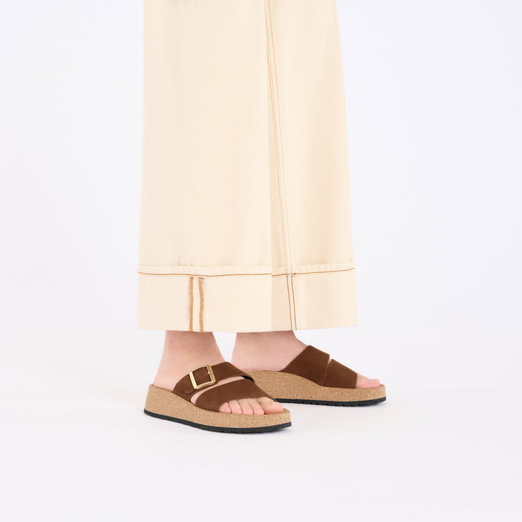 Birkenstock Almina Dark Tea Nubuck Leather on model 1