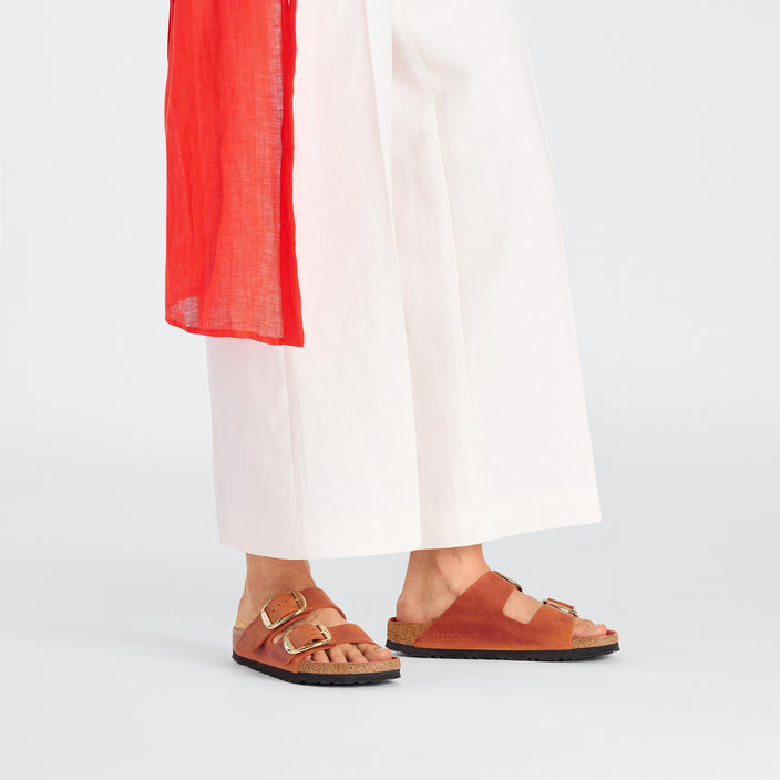 Birkenstock Arizona Big Buckle Burnt Orange Oiled Leather on model 1
