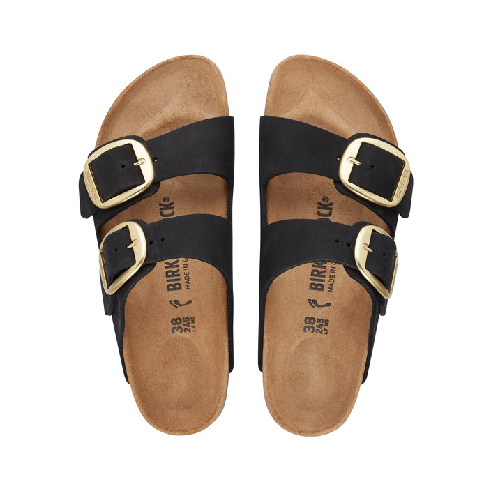 Birkenstock Arizona Big Buckle Black Nubuck Leather Gold Buckle top view