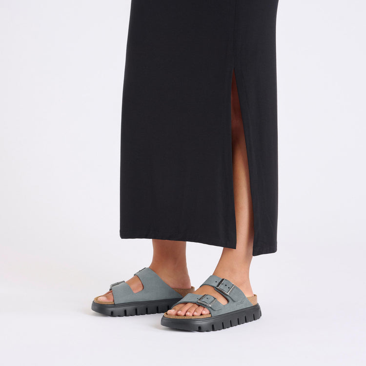 Birkenstock Arizona Chunky Basalt Grey Suede Leather on model 1