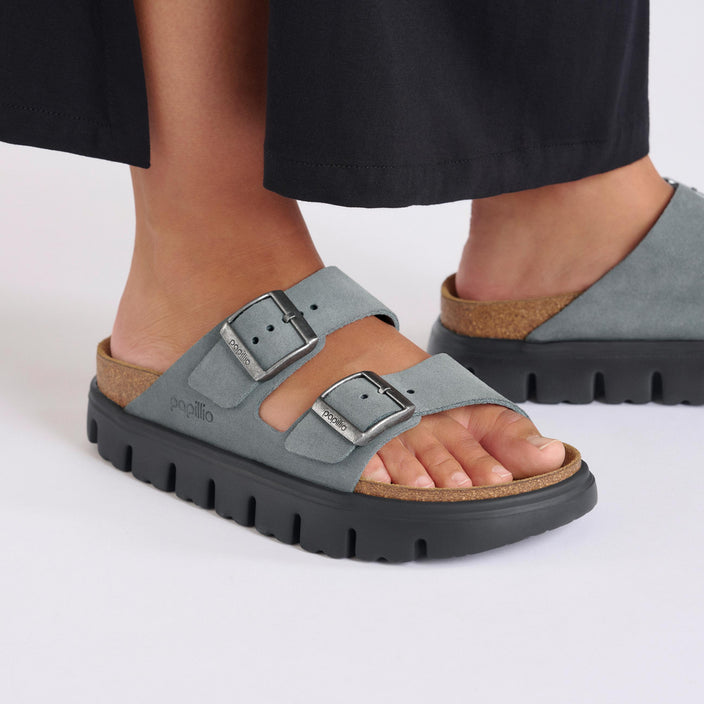 Birkenstock Arizona Chunky Basalt Grey Suede Leather on model 2