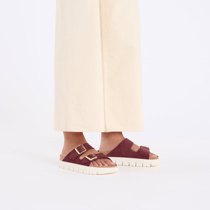 Birkenstock Arizona Chunky Berry Crush Suede Leather on model 1